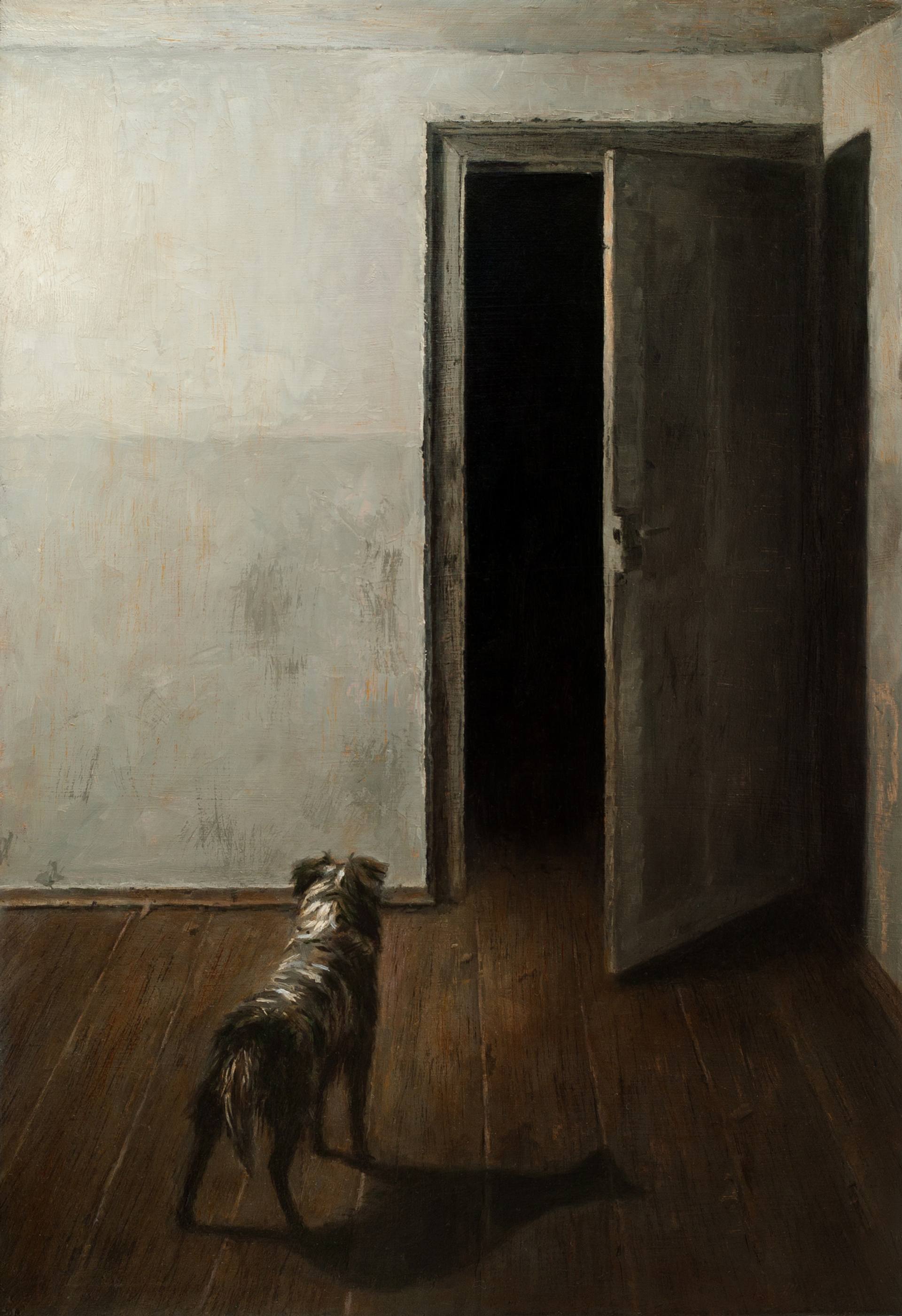 A dog staring at an empty, black doorway. Painting by Dragan Bibin titled 'Deimos'.