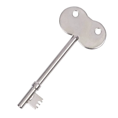 A long metallic key with a broad bow, a long shank, a broad collar, and a square bit